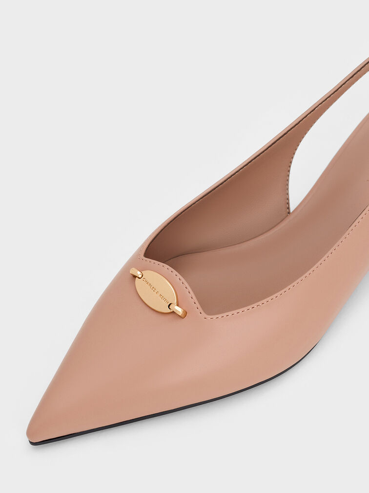 Metallic-Accent Kitten-Heel Slingback Pumps, Nude, hi-res