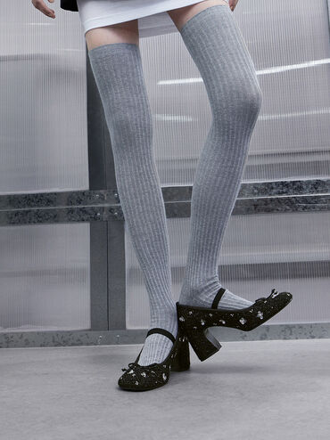 Mino Tweed Sequin-Flower Mary Jane Pumps, Black Textured, hi-res