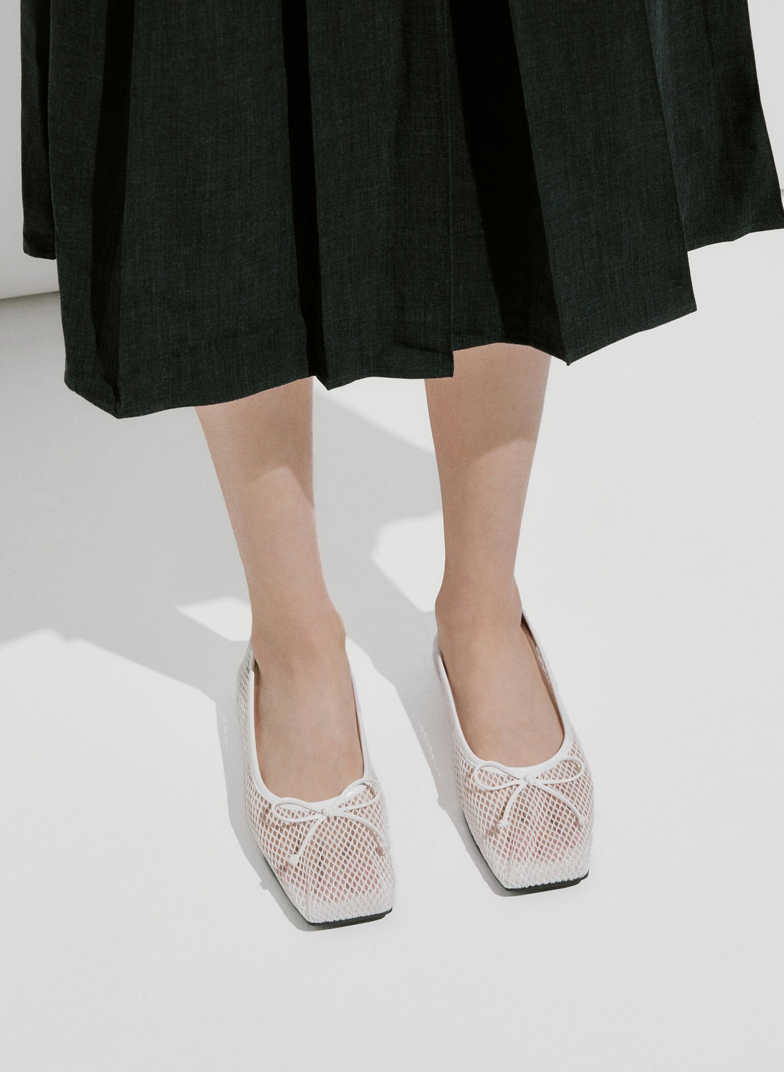 Mesh Square-Toe Bow Ballet Flats, White, hi-res