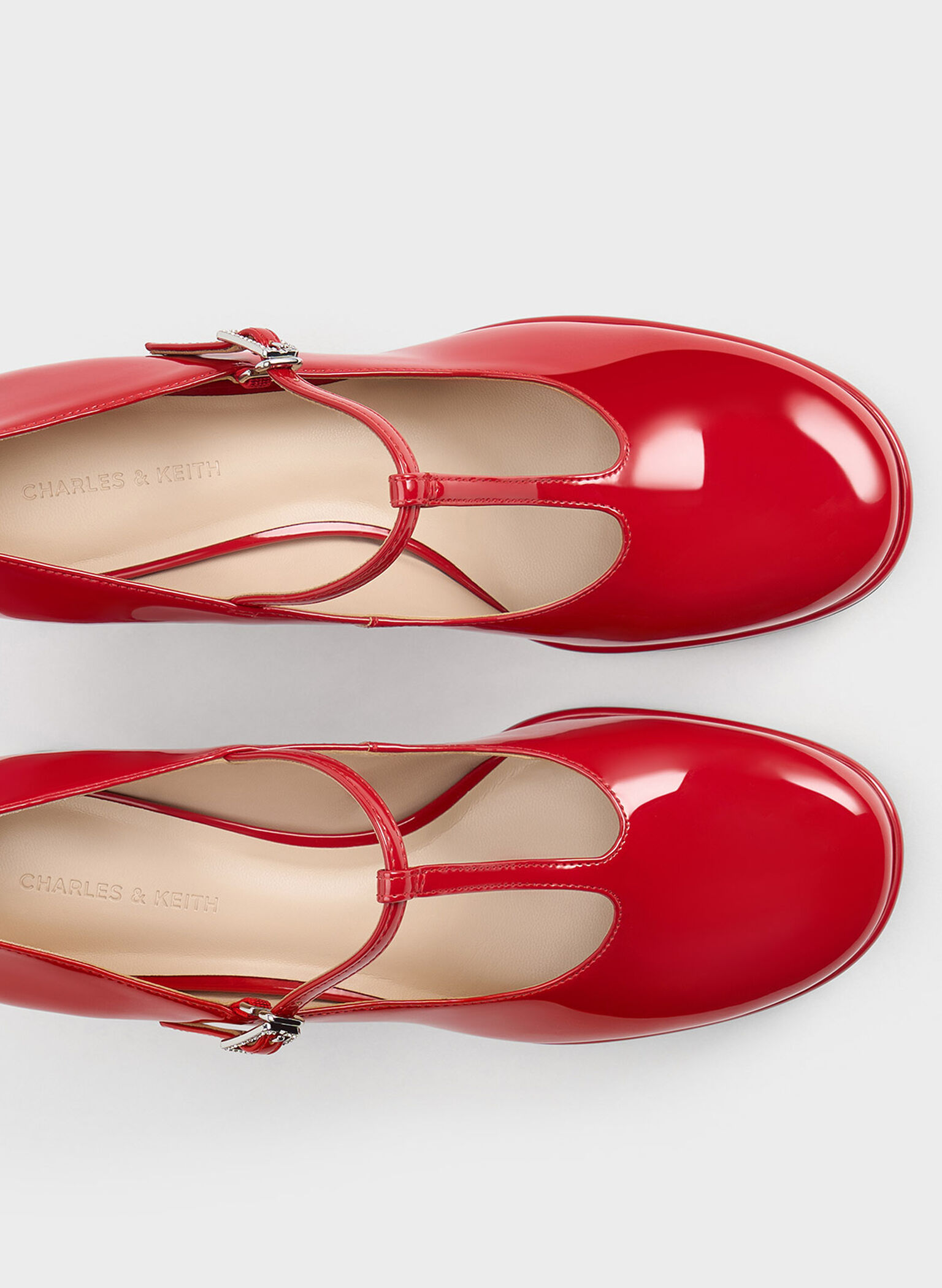 Crystal-Buckle T-Bar Mary Jane Pumps, Red, hi-res