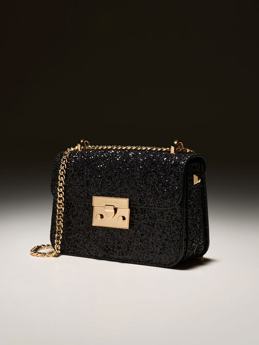 Glittered Push-Lock Chain-Handle Bag, Black, hi-res