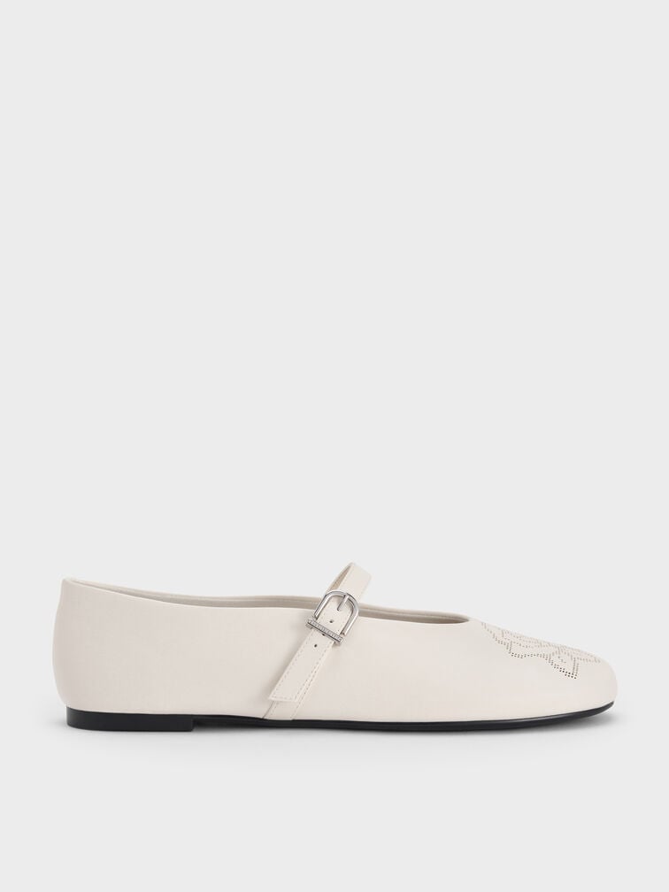 Perforated Rose High-Vamp Mary Janes, Chalk, hi-res