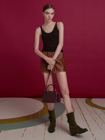 Brett Faux Suede Buckle-Strap Calf Boots, Dark Brown Textured, hi-res