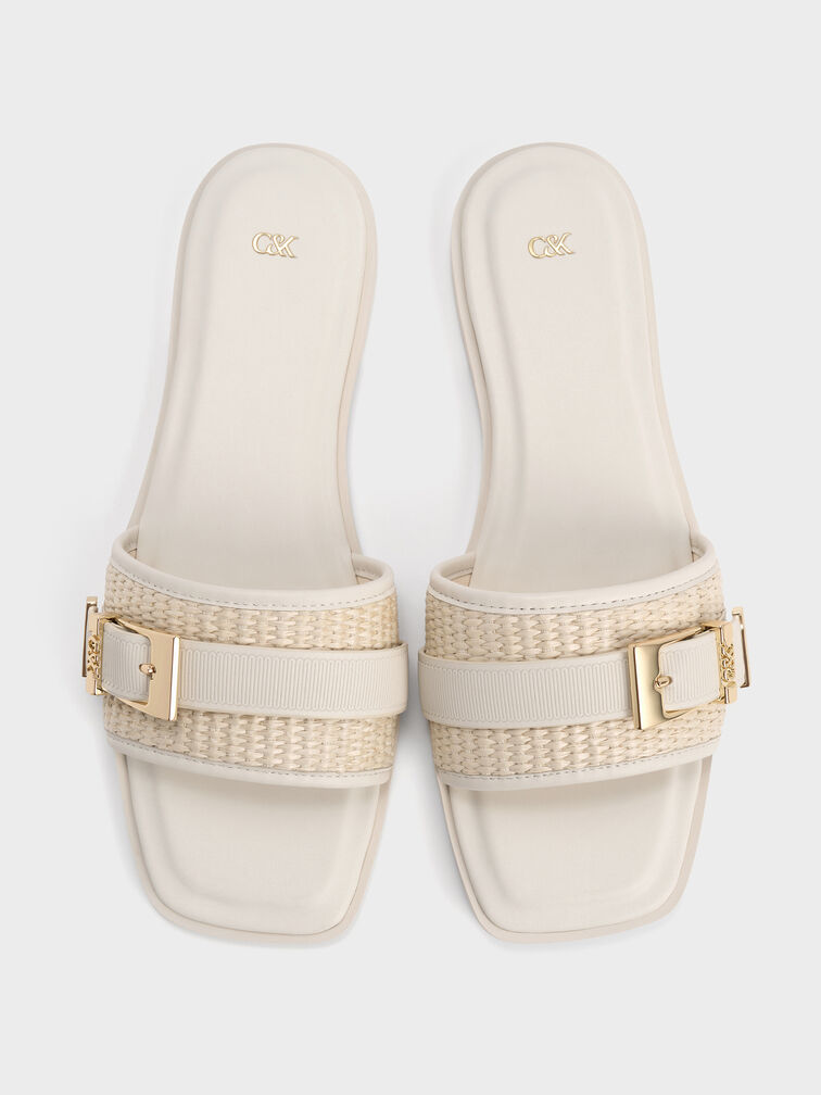Whitney Leather & Raffia Buckled Slide Sandals, White, hi-res