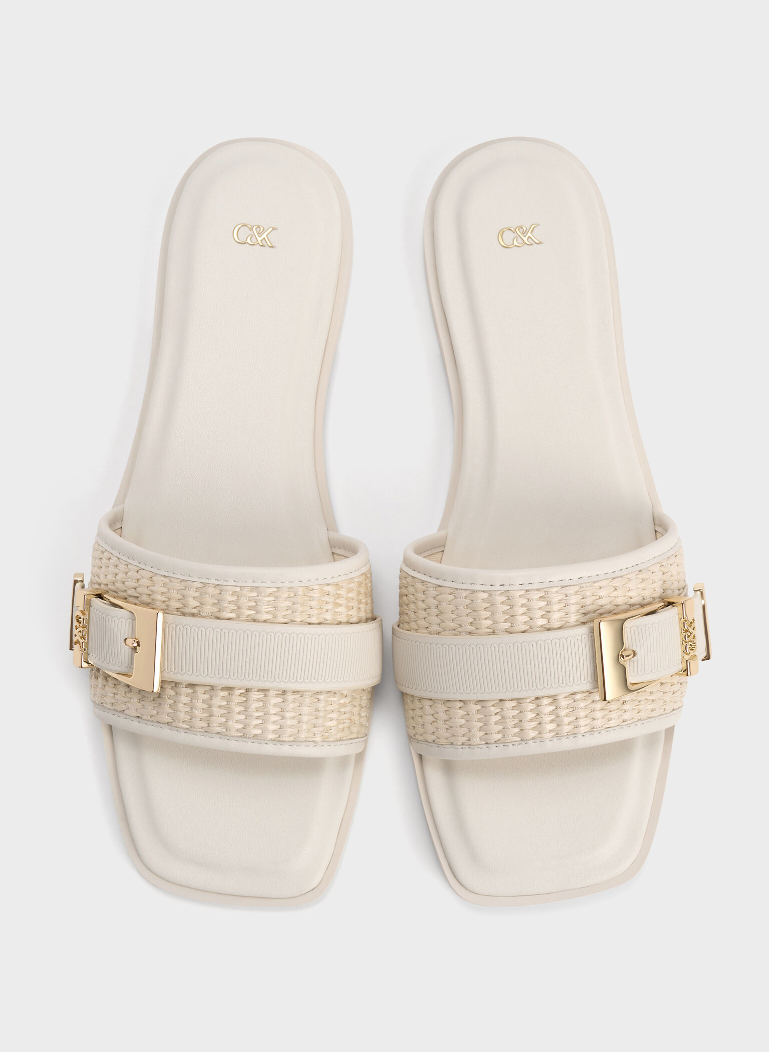 Whitney Leather & Raffia Buckled Slide Sandals, White, hi-res