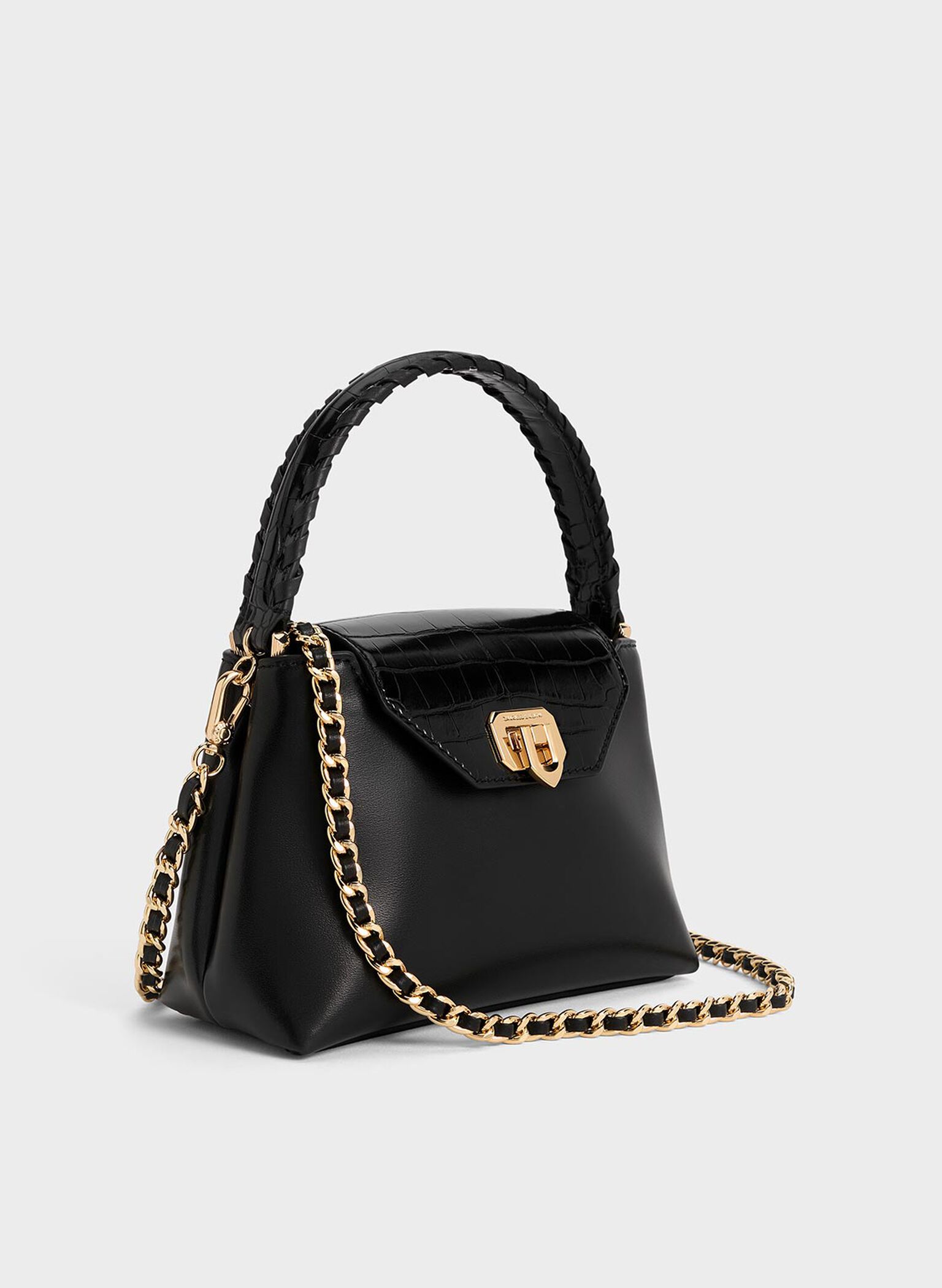 Arwen Croc-Effect Braided-Strap Top Handle Bag, Black, hi-res