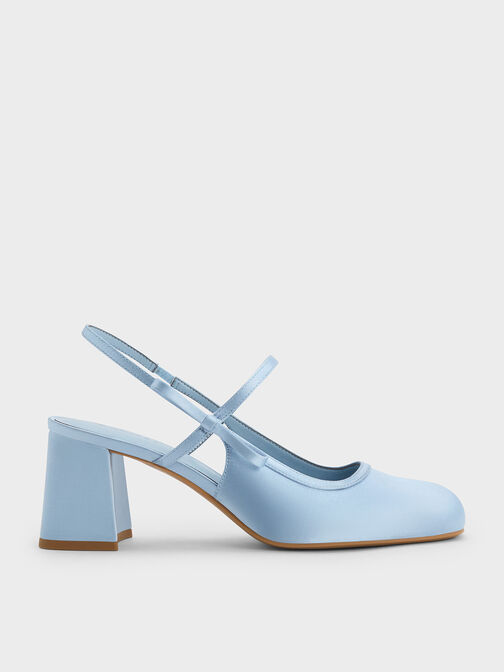 Satin Bow Slingback Mary Jane Pumps, Light Blue, hi-res