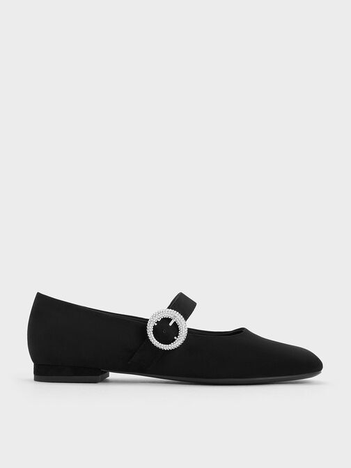 Textured Crystal-Embellished Buckle Mary Jane Flats, Black Textured, hi-res