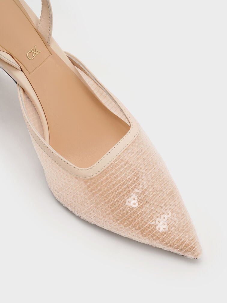 Sequin Mesh & Leather Pointed-Toe Slingback Pumps, Nude, hi-res