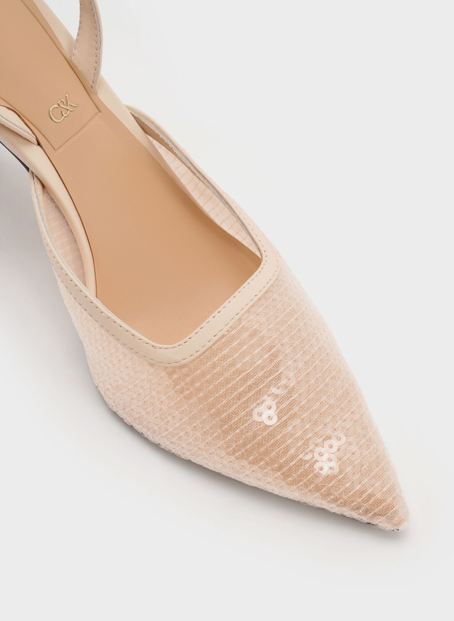 Sequin Mesh & Leather Pointed-Toe Slingback Pumps, Nude, hi-res