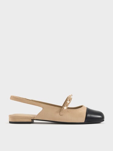 Rio Beaded Chain-Link Slingback Flats, Sand, hi-res
