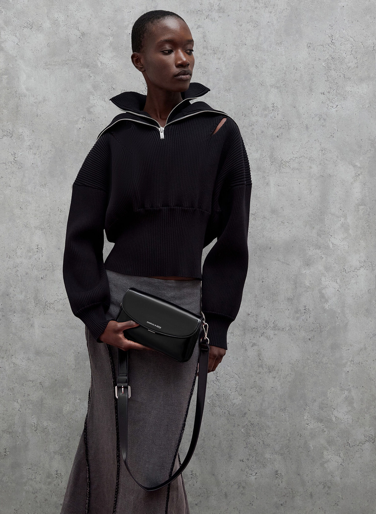 Caia Front Flap Shoulder Bag, Noir, hi-res