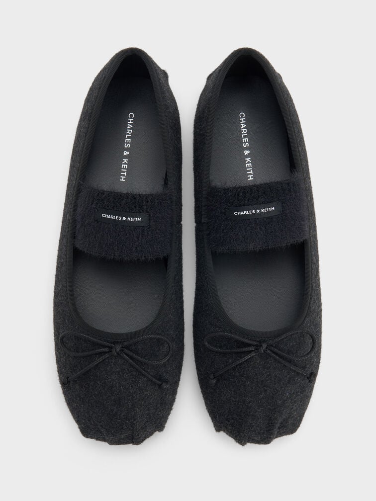 Winona Felt Bow Furry-Strap Mary Jane Flats, Black Textured, hi-res