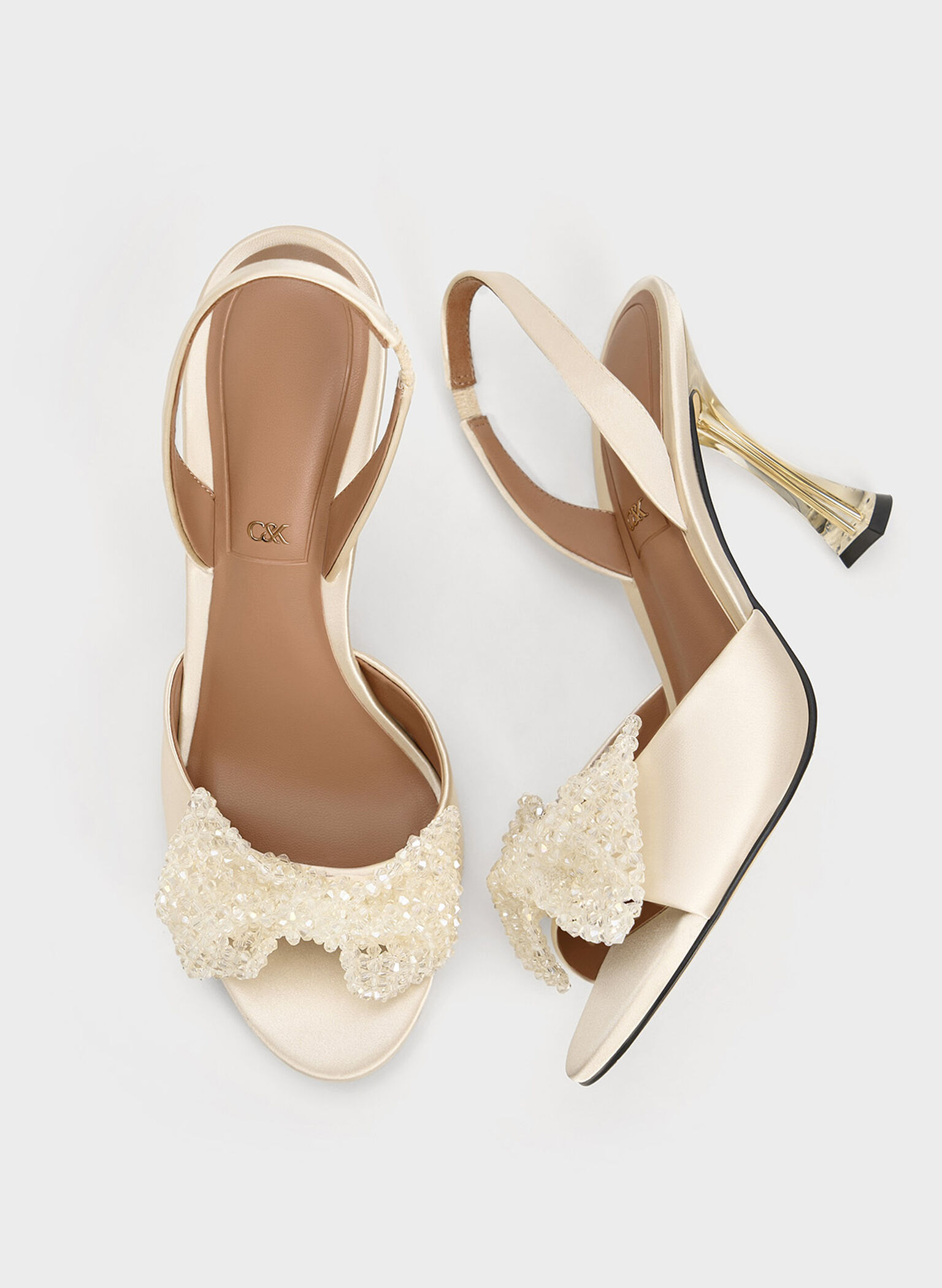 Recycled Polyester Beaded Bow Slingback Pumps, Champagne, hi-res