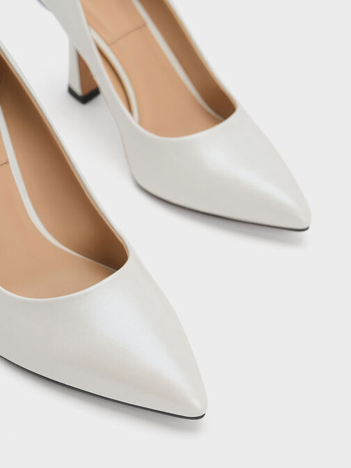 Leather Flare Heel Pumps, White, hi-res