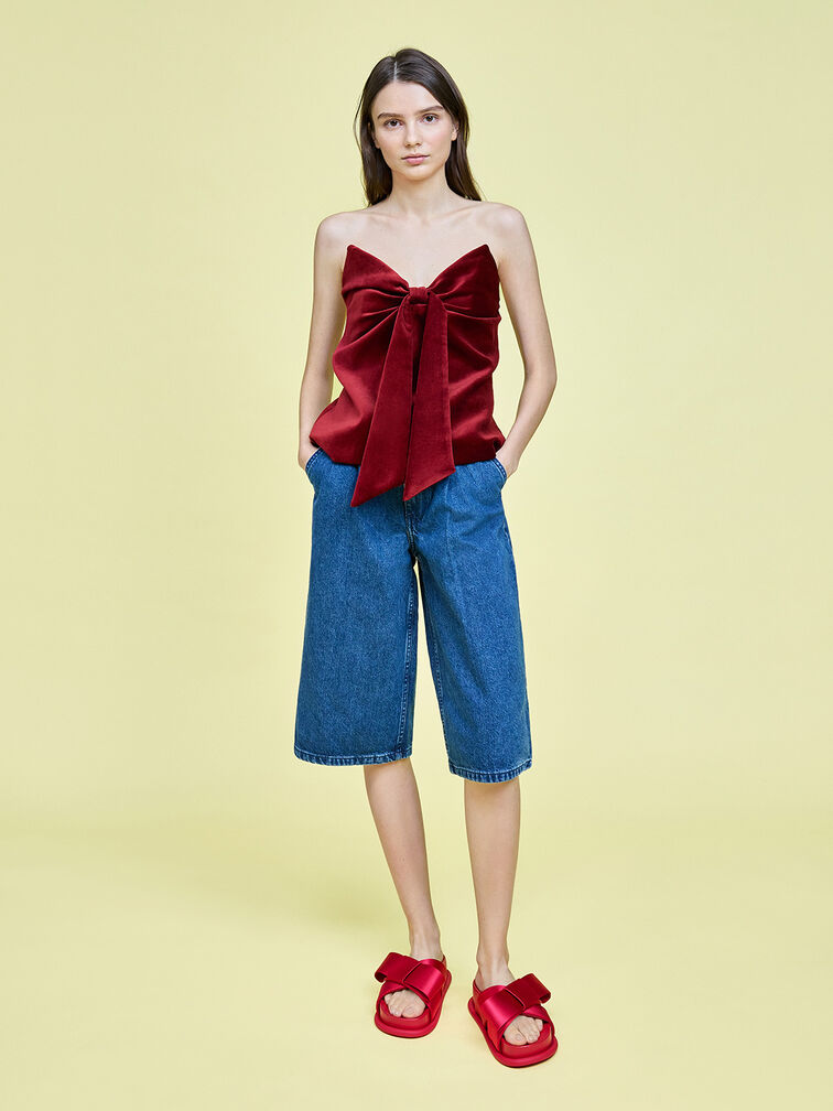 Satin Bow Flatform Sandals, Red, hi-res