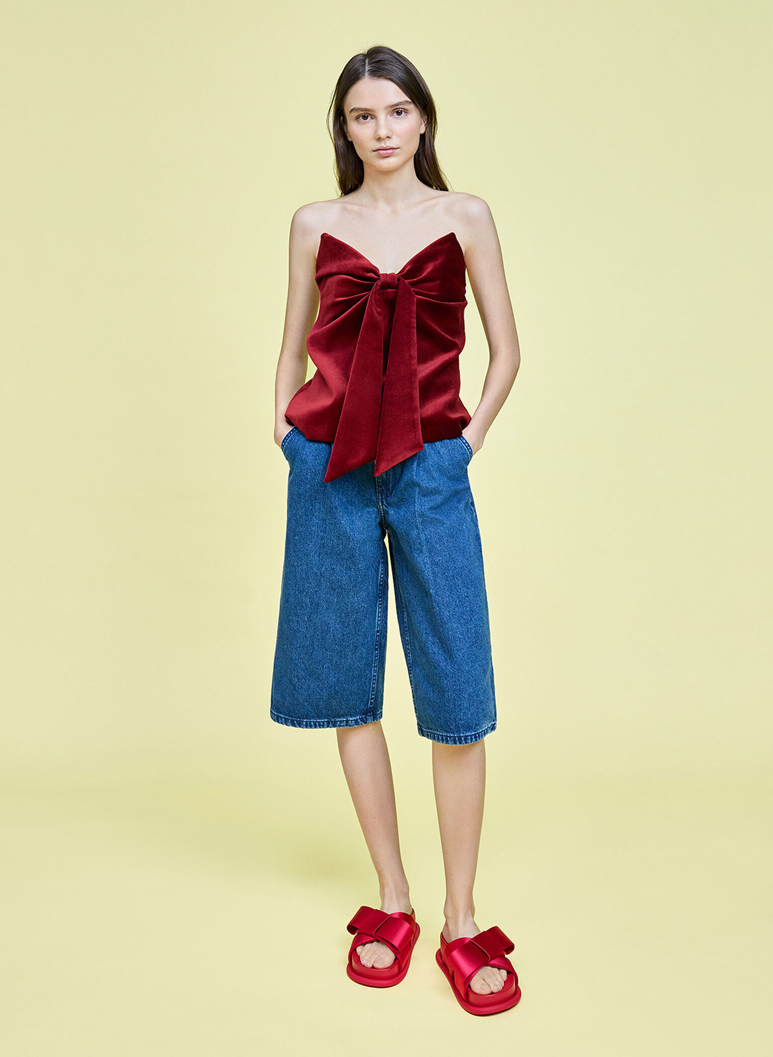 Satin Bow Flatform Sandals, Red, hi-res