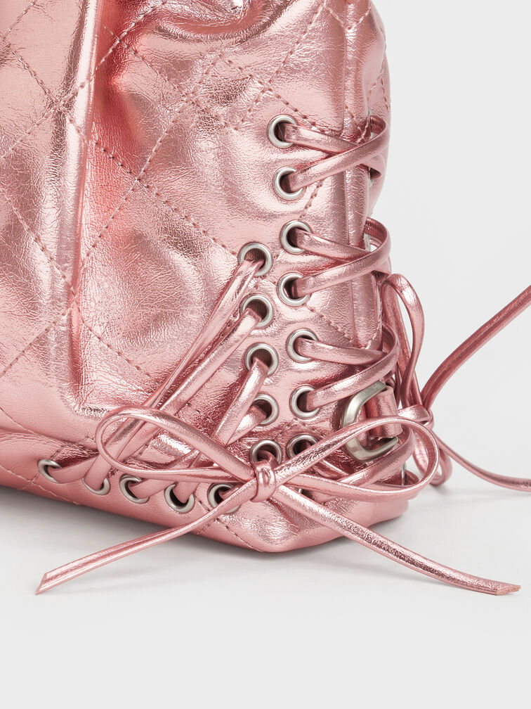 Duo Metallic Grommet Chain-Handle Two-Way Backpack, Aura Pink, hi-res