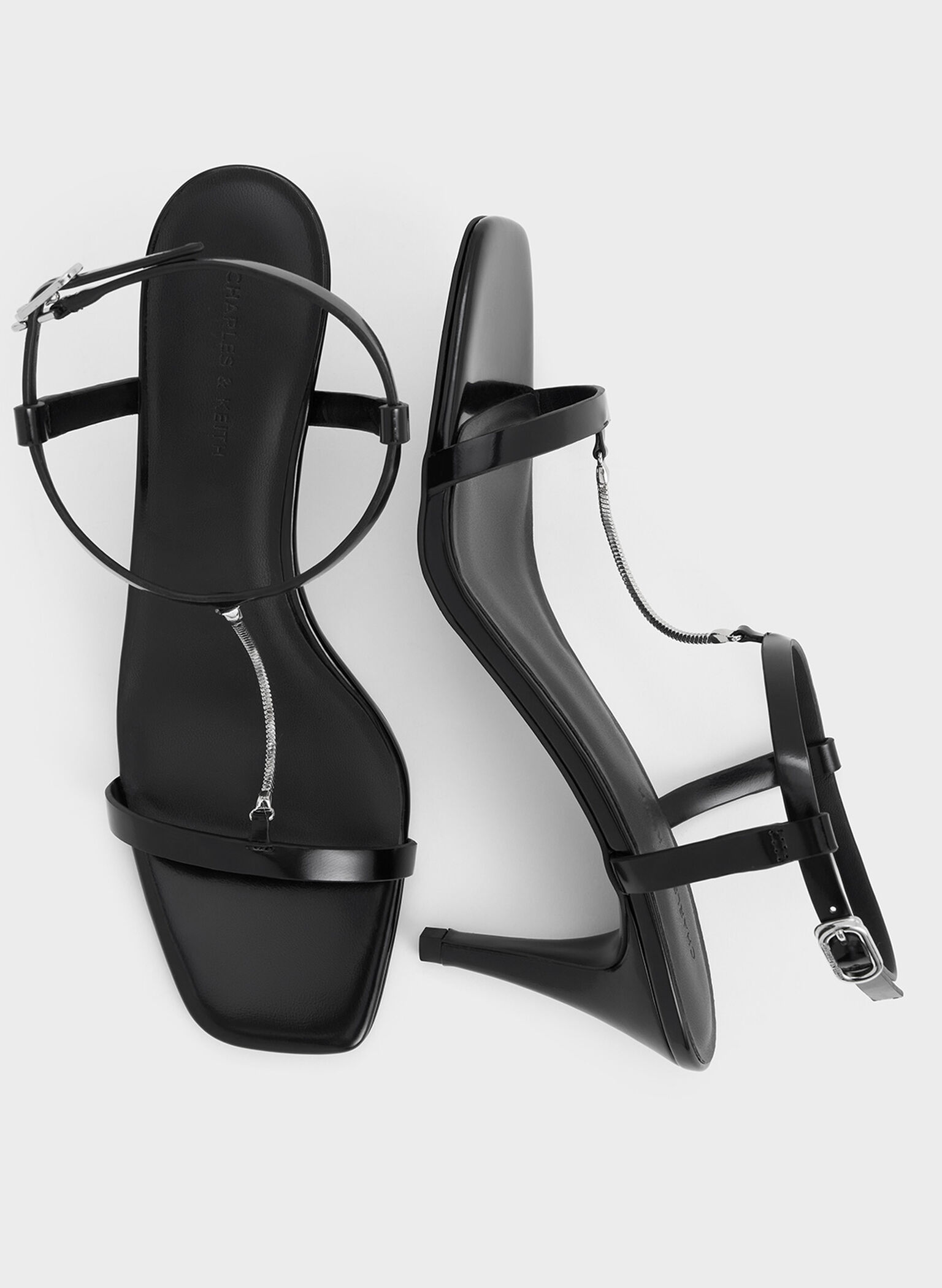 Chain-Strap Square-Toe Heeled Sandals, Black Box, hi-res