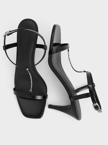 Chain-Strap Square-Toe Heeled Sandals, Black Box, hi-res