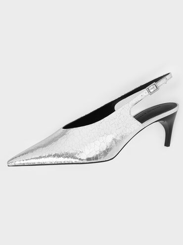 Metallic Crinkle-Effect Pointed-Toe High-Vamp Slingback Pumps, Silver, hi-res