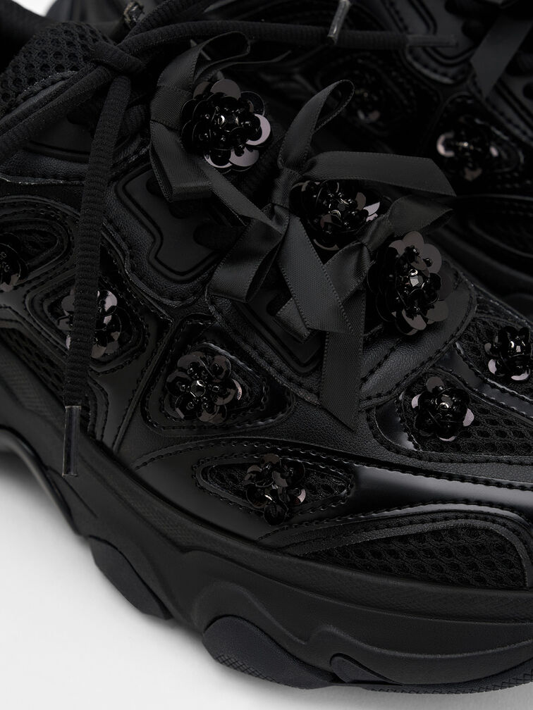 Gaskell Flower-Embellished Chunky Sneakers, Black, hi-res