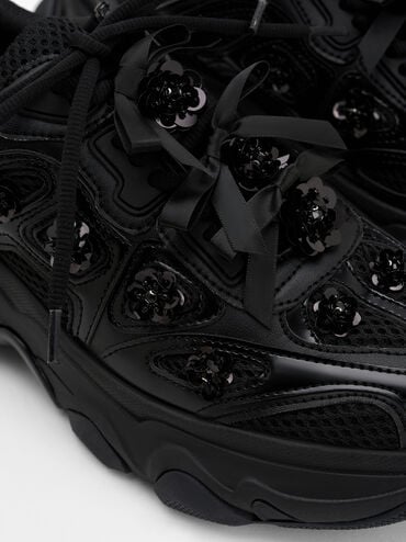 Gaskell Flower-Embellished Chunky Sneakers, Black, hi-res