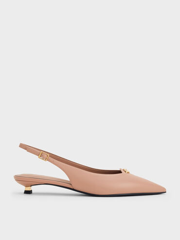 Metallic-Accent Kitten-Heel Slingback Pumps, Nude, hi-res