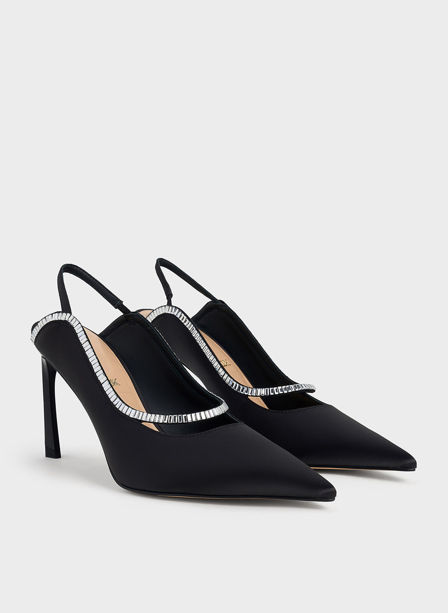 Recycled Polyester Crystal-Embellished Pointed-Toe Slingback Pumps, Black Textured, hi-res