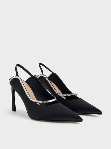Recycled Polyester Crystal-Embellished Pointed-Toe Slingback Pumps, Black Textured, hi-res