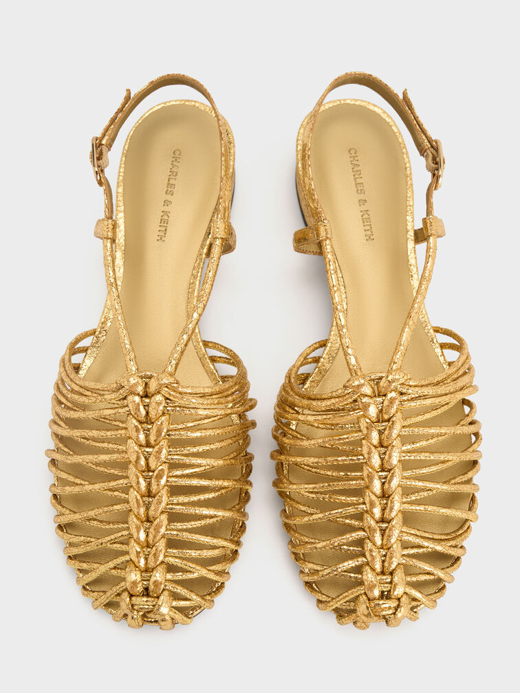 Metallic Woven Slingback Caged Sandals, Gold, hi-res