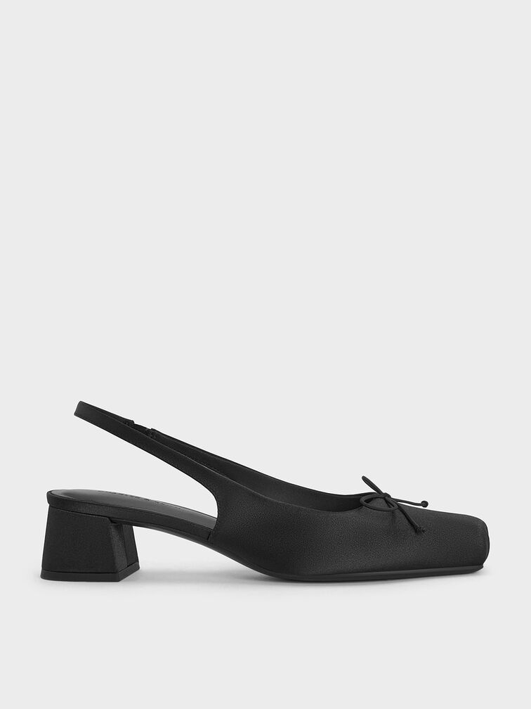 Satin Bow Square-Toe Slingback Pumps, Black Textured, hi-res