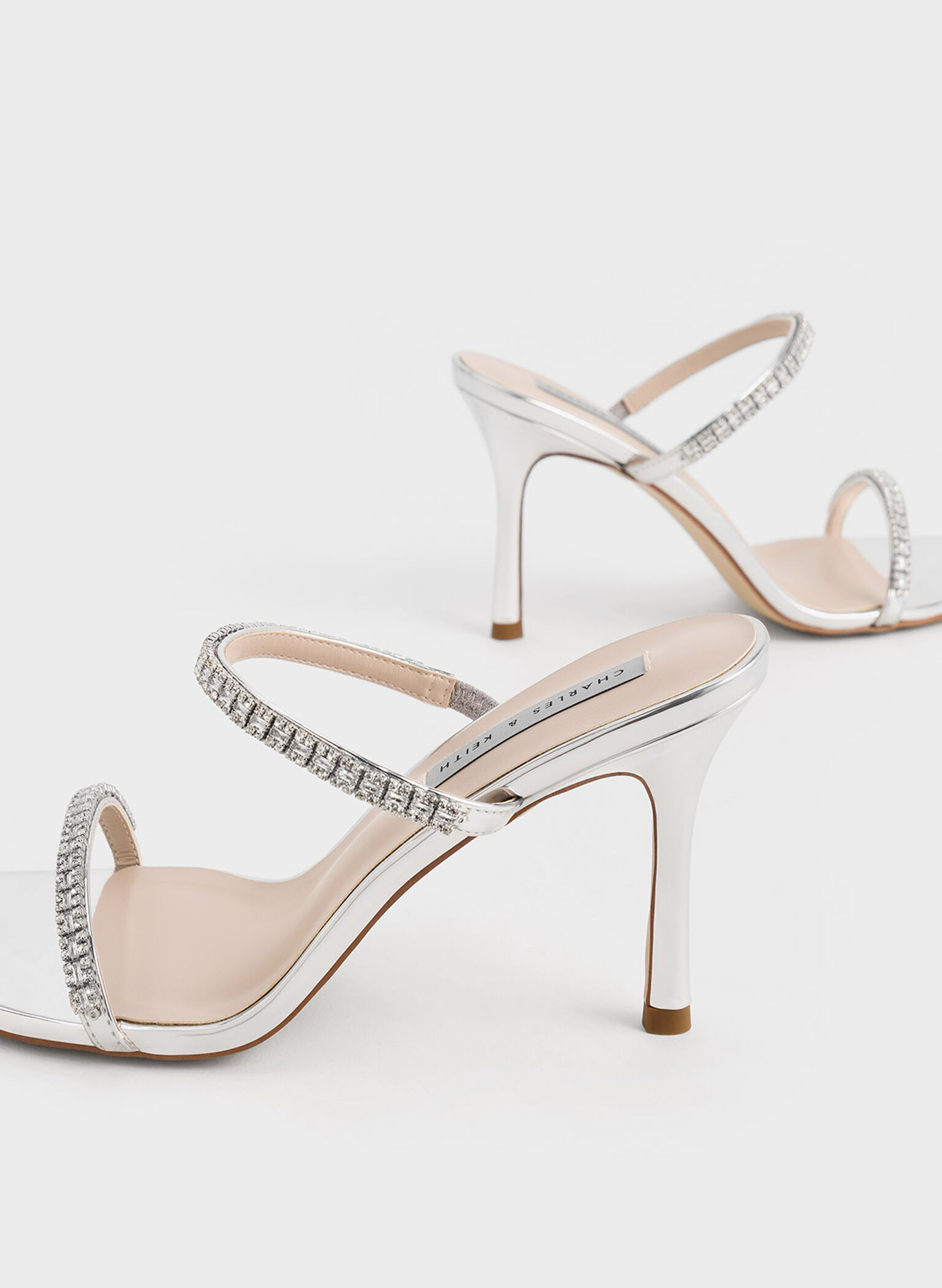 Ambrosia Metallic Gem-Embellished Heeled Mules, Silver, hi-res