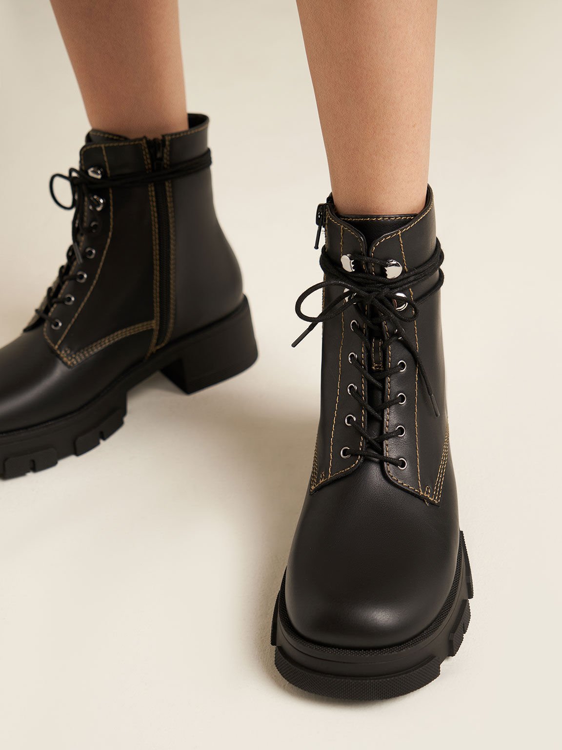 Lace-Up Combat Boots, Black, hi-res