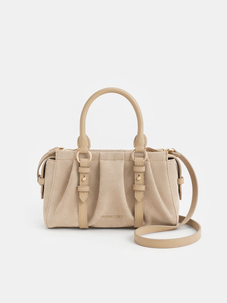 Britton Recycled Suede Ruched Top Handle Tote Bag, Nutmeg Beige, hi-res