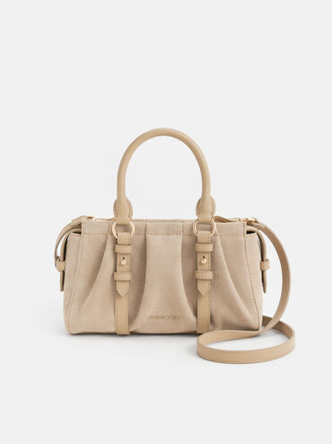 Britton Recycled Suede Ruched Top Handle Tote Bag, Nutmeg Beige, hi-res