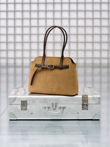 Victoria Recycled Suede Belted Trapeze Tote Bag, Sahara Sand, hi-res