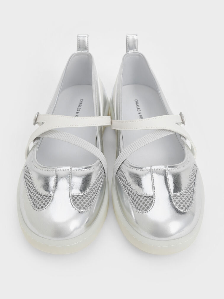 Metallic Mesh Two-Tone Ballet Sneakers, Silver, hi-res