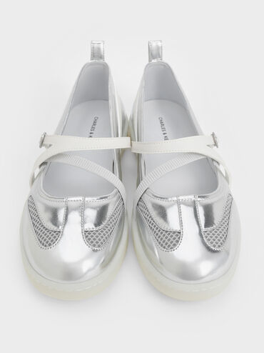 Metallic Mesh Two-Tone Ballet Sneakers, Silver, hi-res