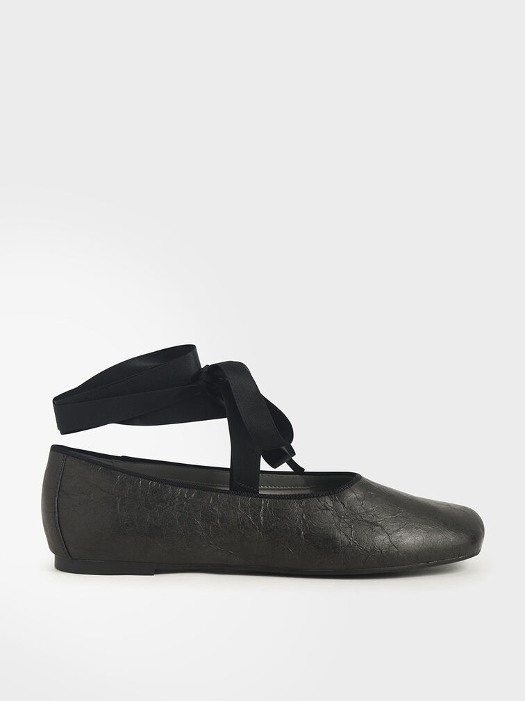 Ankle Tie Ballerina Flats, Black, hi-res