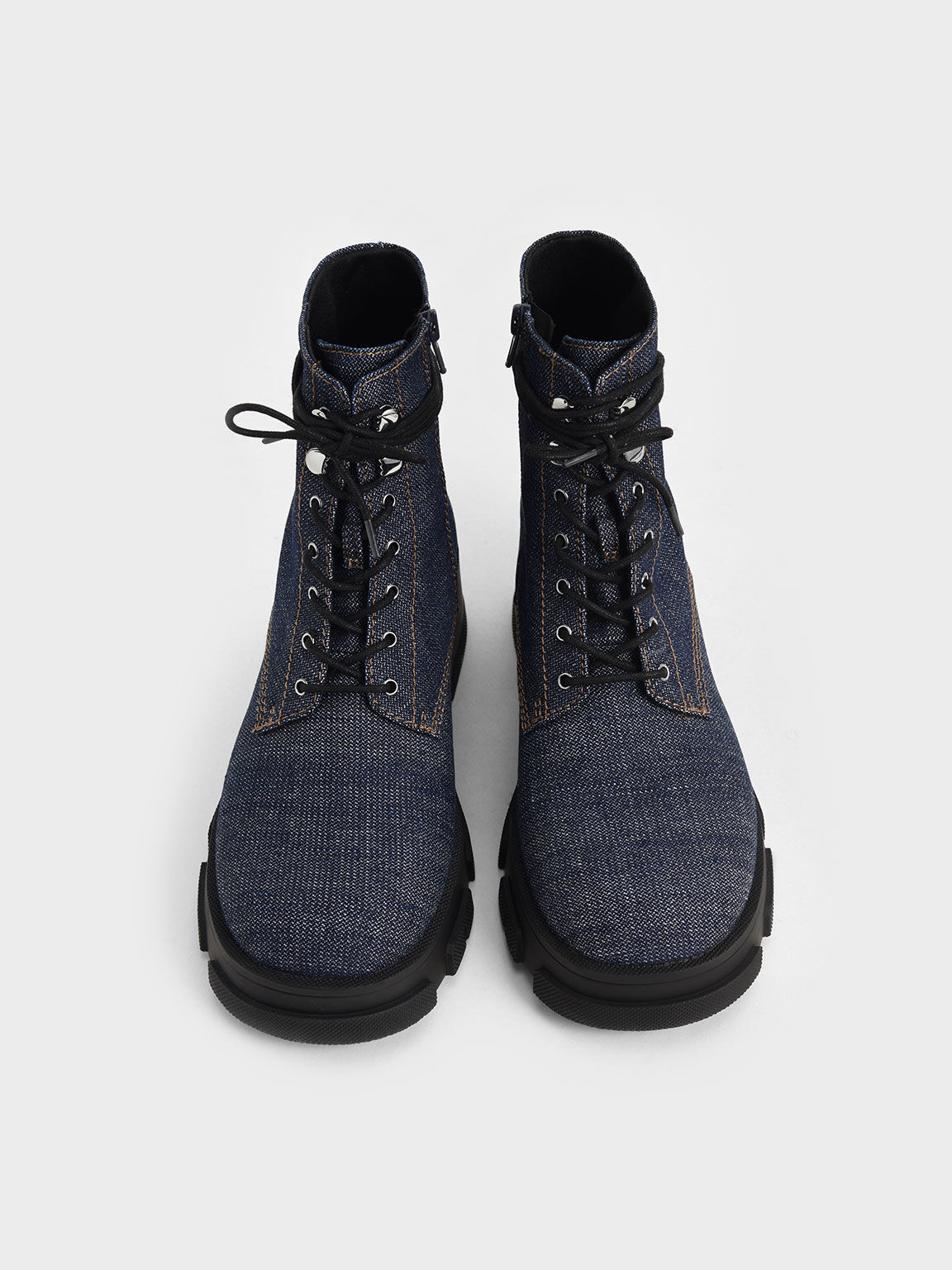 Denim Lace-Up Combat Boots, Dark Blue, hi-res