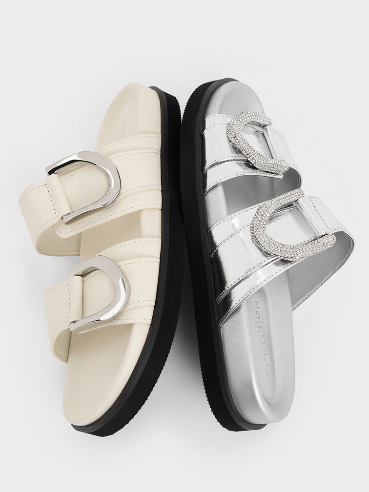 Gabine Crystal-Embellished Metallic Leather Slides, Silver, hi-res