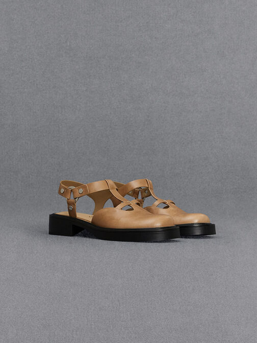 Leather Cut-Out T-Bar Sandals, Taupe, hi-res