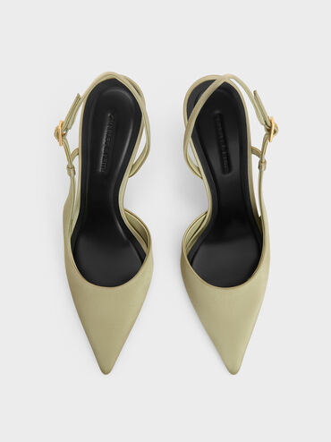 Recycled Polyester Pointed-Toe Sculptural-Heel Slingback Pumps, Green, hi-res