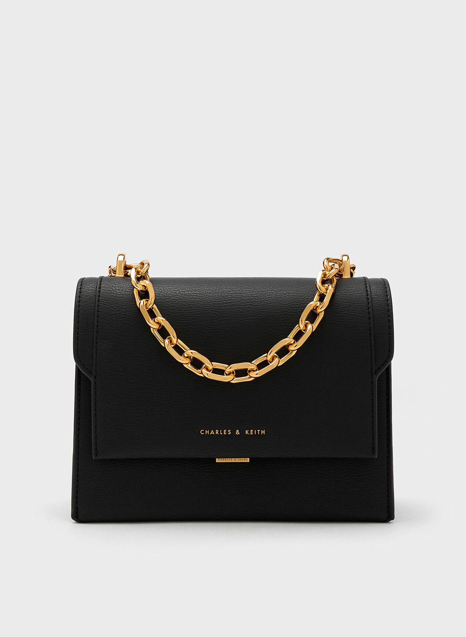 Front Flap Chain Handle Crossbody Bag, Black, hi-res