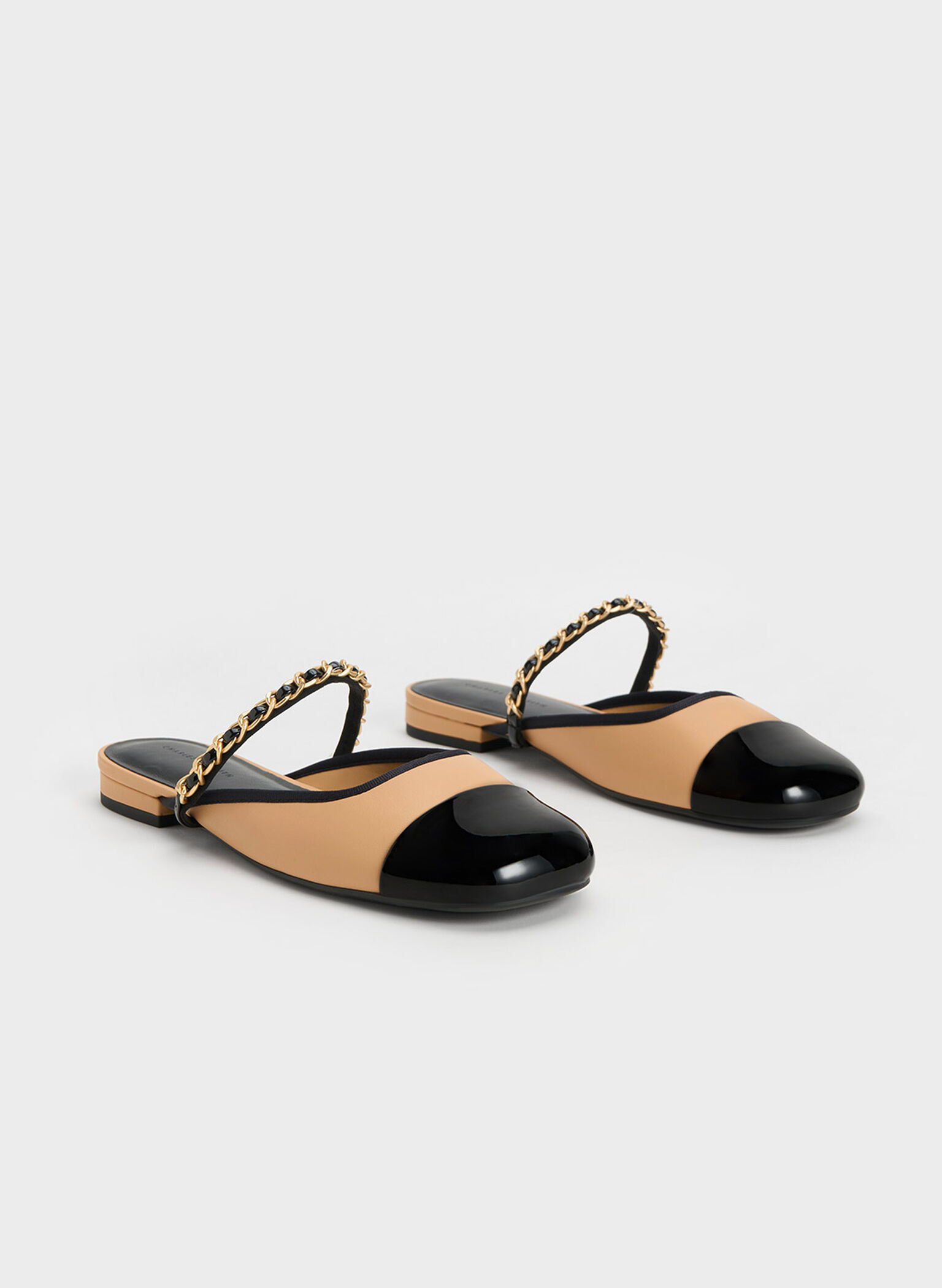 Patent Two-Tone Chain-Strap Mules, Beige, hi-res
