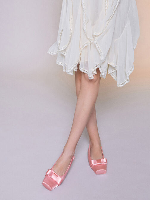 Satin Bow Slingback Ballet Flats, Pink, hi-res
