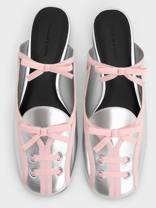 Metallic Lace-Up Bow Ballet Mules, Silver, hi-res