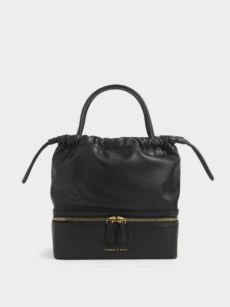 Two-Way Zip Drawstring Bag, Black, hi-res