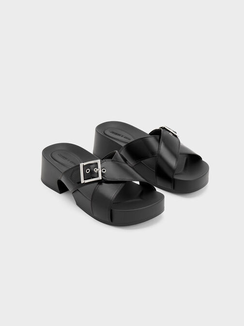 Buckled Crossover Platform Sandals, Black, hi-res